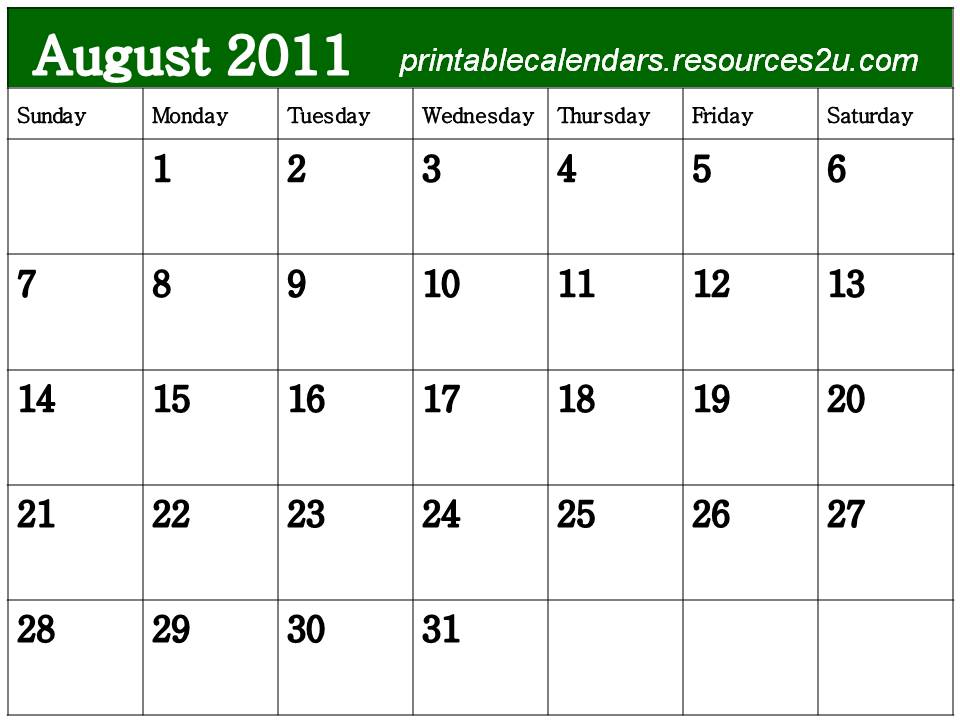 blank 2011 monthly calendar printable. Free Blank Planner August 2011