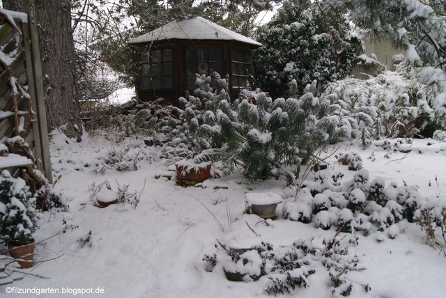 Blick in den Garten mit Schnee im Januar