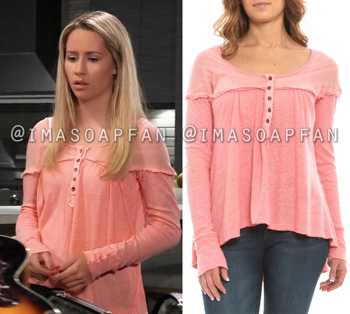 Josslyn Jacks, Eden McCoy, Coral Pink Henley with Raw Trim, General Hospital, GH