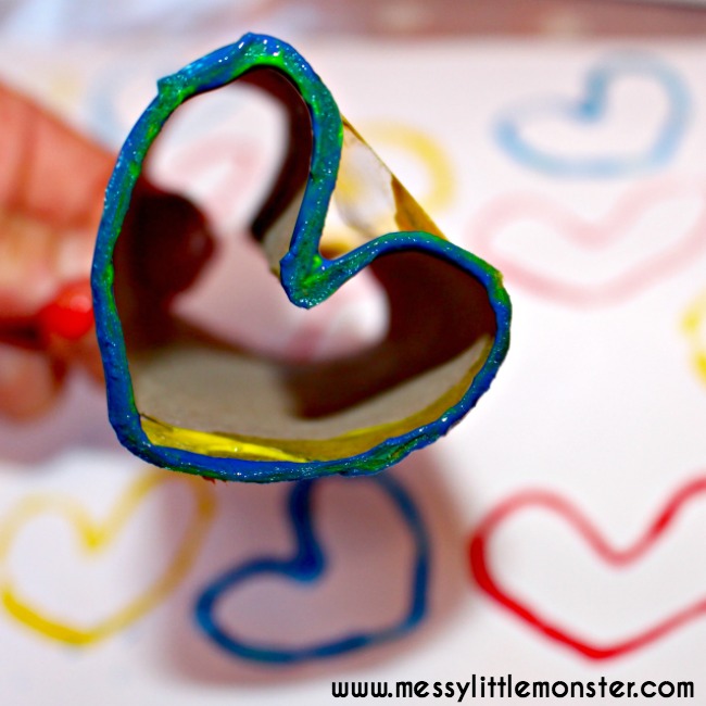 cardboard tube heart stamp . shape painting for toddlers.