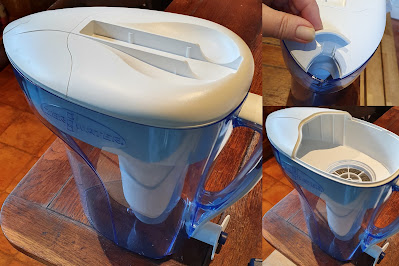 ZeroWater jug with filter attached open for refilling showing pouring spout