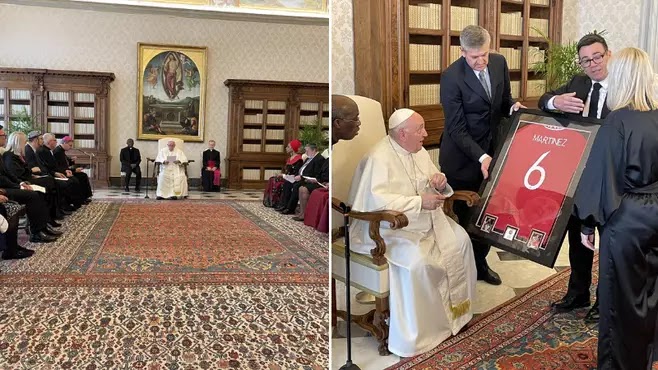 Fans react to Pope Francis being presented with a signed Lisandro Martinez Man Utd shirt