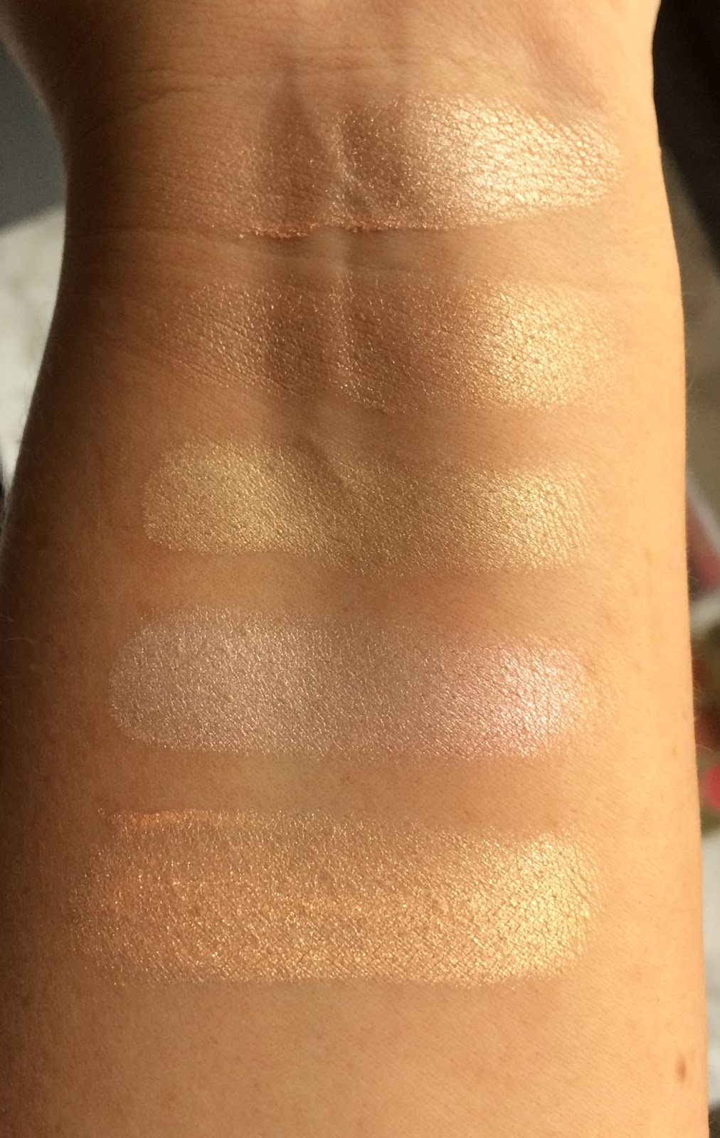 Champagne Pop, MaryLou Manizer, DIOR, MAC Soft & Gentle, Make Up Forever Golden Pink swatches