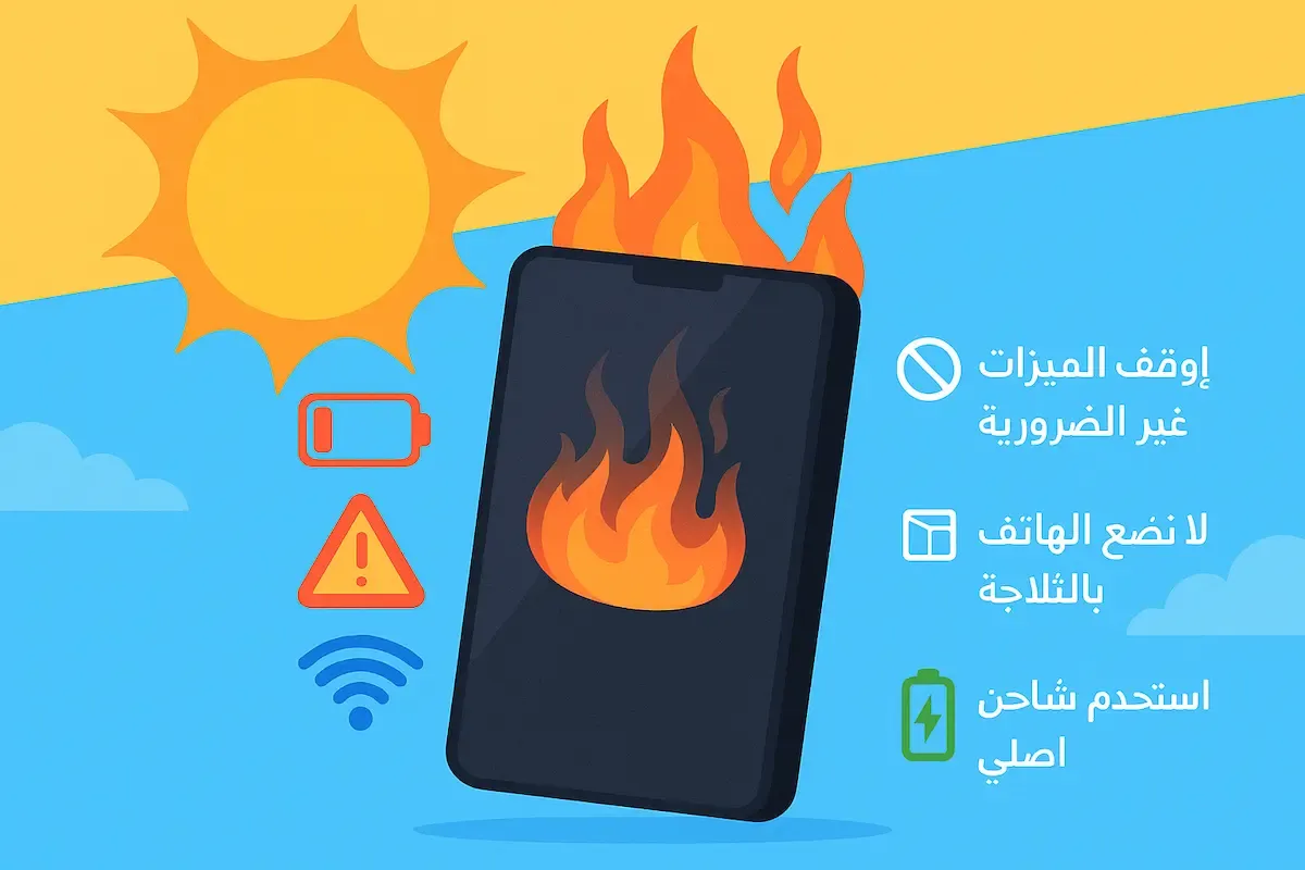 هاتف ذكي يعاني من السخونة في الطقس الحار مع نصائح لتقليل درجة حرارة الهاتف مثل خفض السطوع، إيقاف الواي فاي، وعدم استخدامه أثناء الشحن