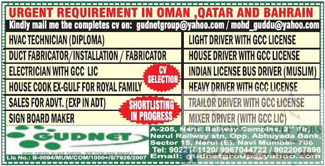 Urgent Job requirement for Oman, Qatar & Bahrain