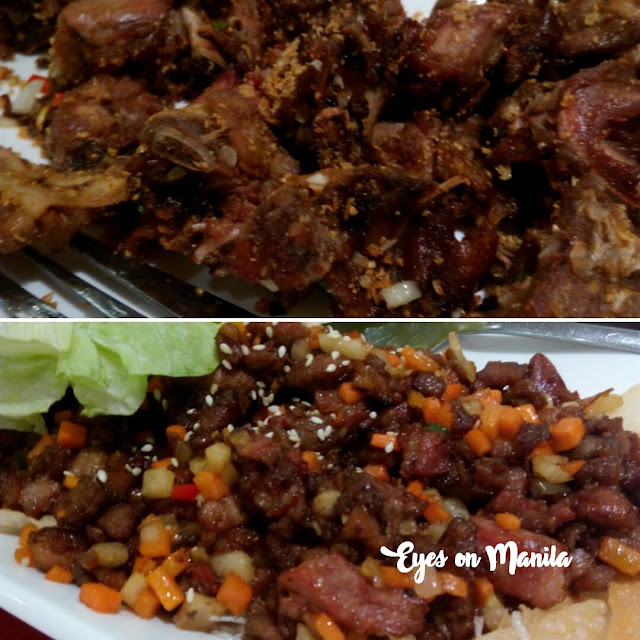 Crispy Pata (above) and Diced duck meat with diced vegetables served on a cabbage