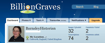 Screenshot of the Billion Graves website showing my dashboard - I've uploaded 32 images and visited 2 cemeteries