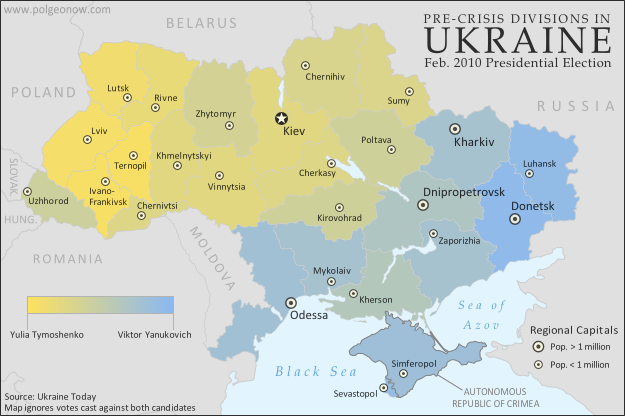 Carte des résultats de Février 2010 second tour des élections présidentielles en Ukraine entre Ioulia Timochenko et Viktor Ianoukovitch