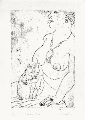 monoprint of Bola Bee and cat