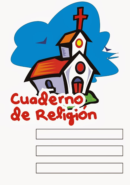 carátula para cuaderno de religión con iglesia de pueblo con su cruz al frente