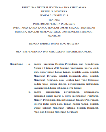 Download Permendikbud No. 51 Tahun 2018 tentang Penerimaan Peserta Didik Baru pada TK, SD, SMP, SMA, dan SMK