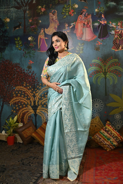 Pure Tussar, teal colour saree