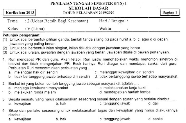 Kumpulan Soal Penilaian Tengah Semester (PTS) Ganjil Tema 2 Bagian 1 Kelas 5 SD Terbaru Tahun 2019/2020 Gratis