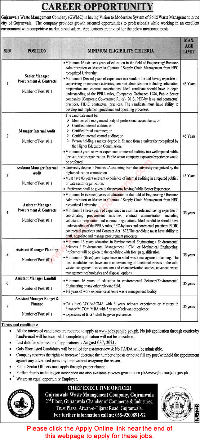 www.jobs punjab.gov.pk Jobs 2021 - GWMC Gujranwala Waste Management Company Jobs 2021 in Pakistan