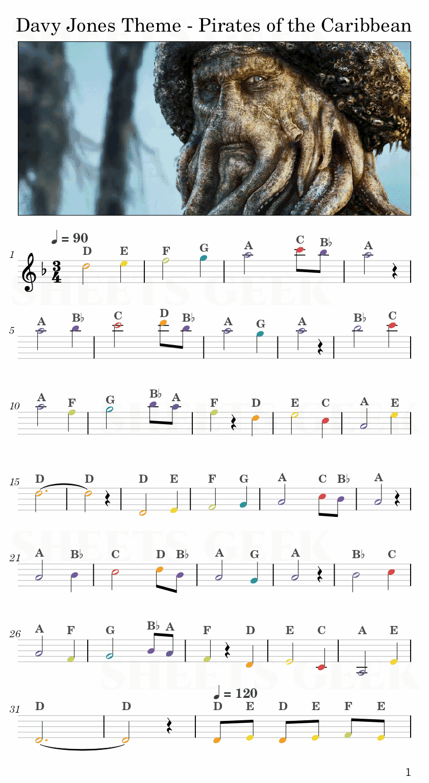 Davy Jones Theme - Pirates of the Caribbean Easy Sheet Music Free for piano, keyboard, flute, violin, sax, cello page 1