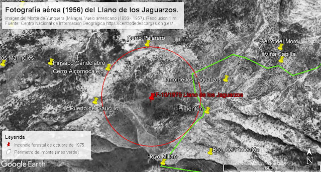 Composición realizada por el autor con la fotografía aérea del vuelo americano de 1956-57, el límite del monte de Yunquera y  algunos topónimos de la zona. Fuente de la fotografía aérea: Centro Nacional de Información Geográfica.