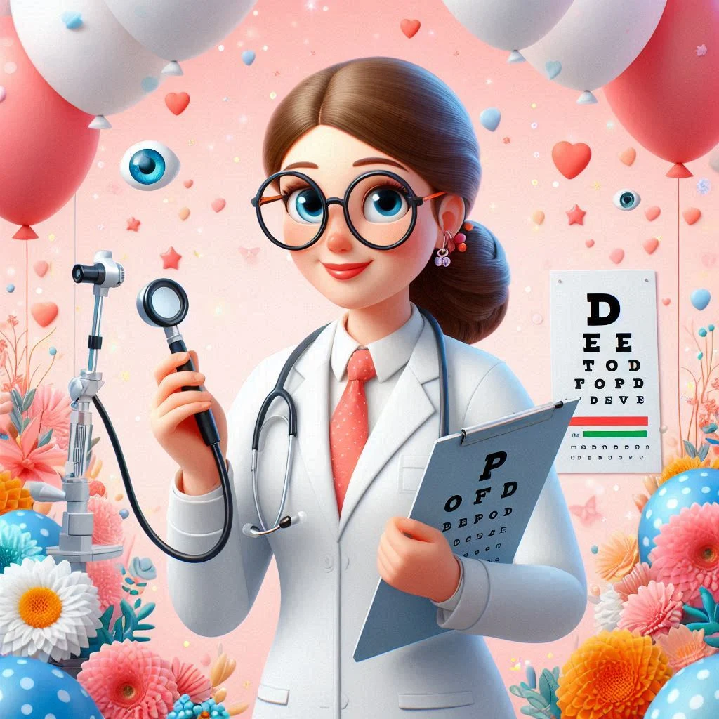 mujer optometrista en caricatura