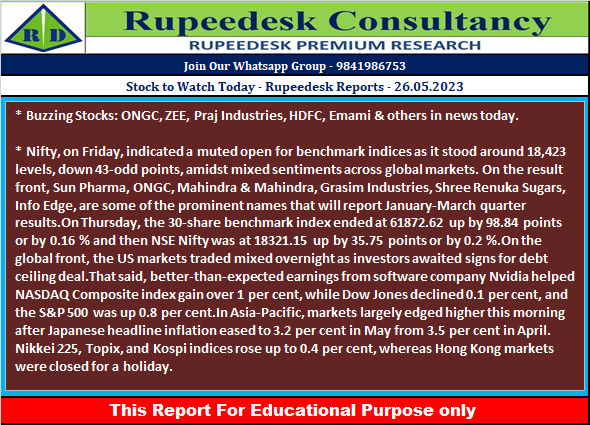 Stock to Watch Today - Rupeedesk Reports - 26.05.2023