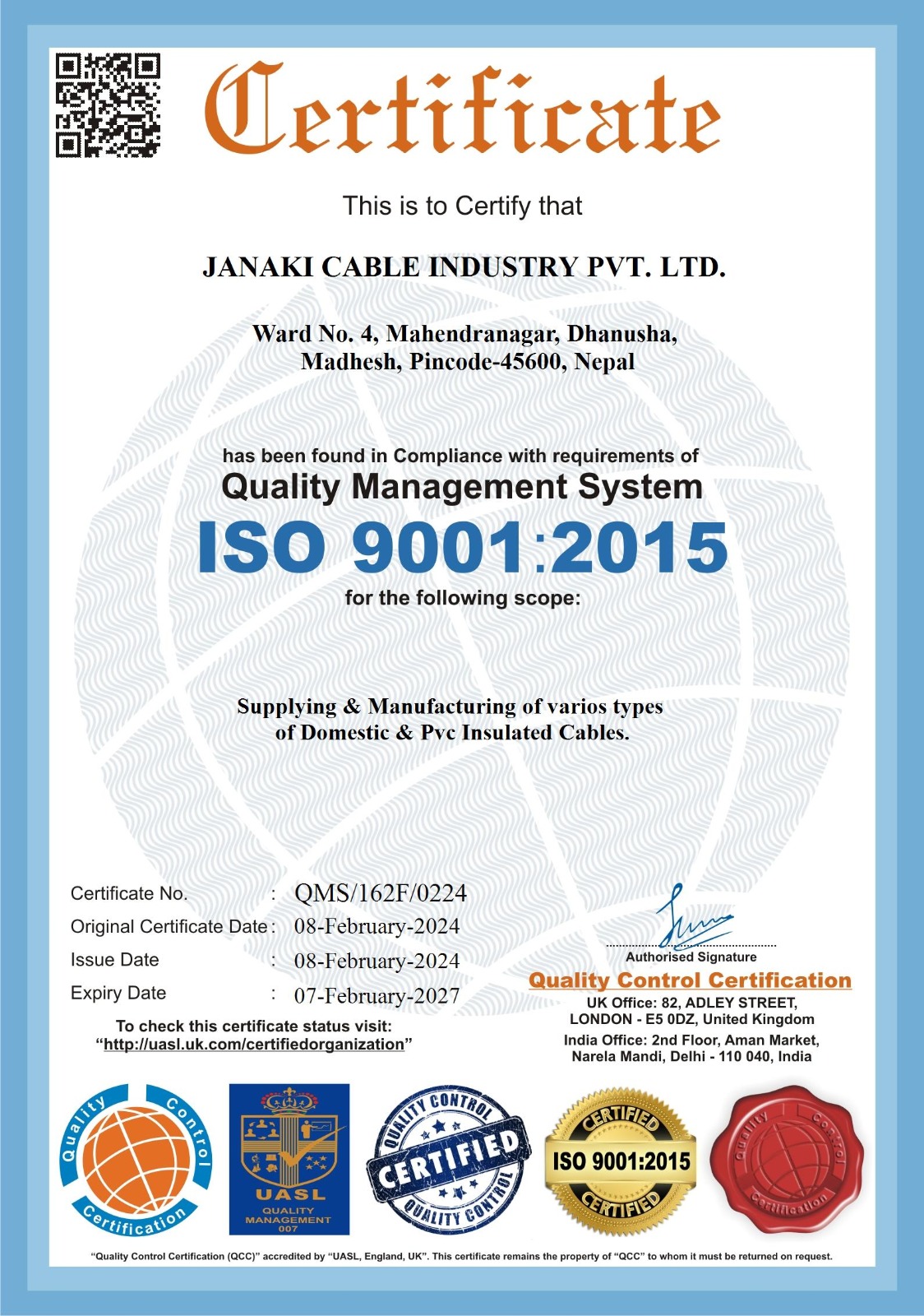 Janaki Cable Industry PVT. LTD. ISO 9001-2015 Certification by Certification House.