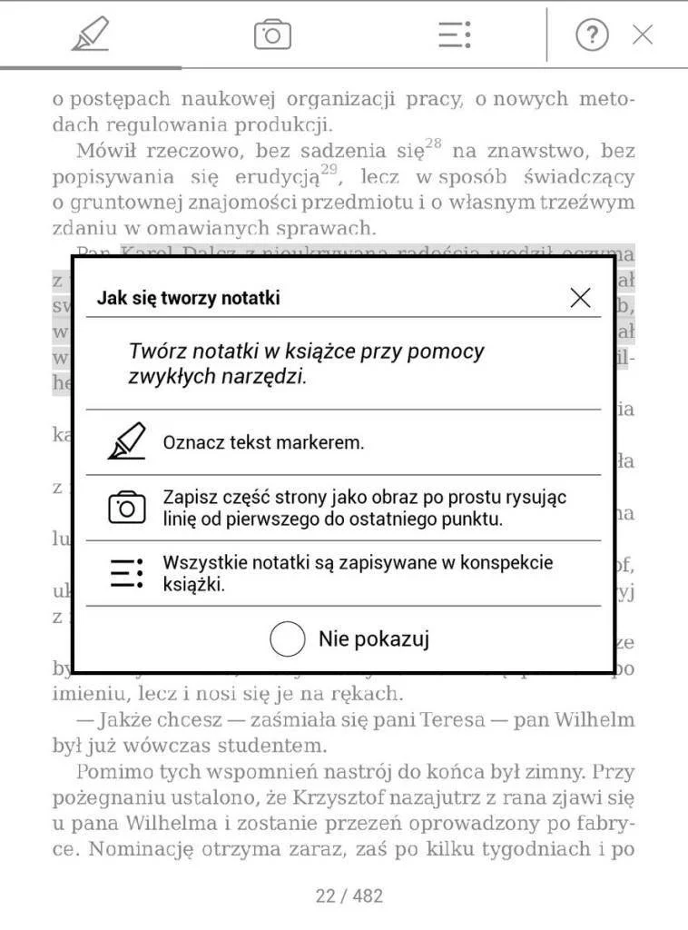 Komunikat pojawiający informujący o właczeniu trybu Notatki w PocketBook Touch HD 3