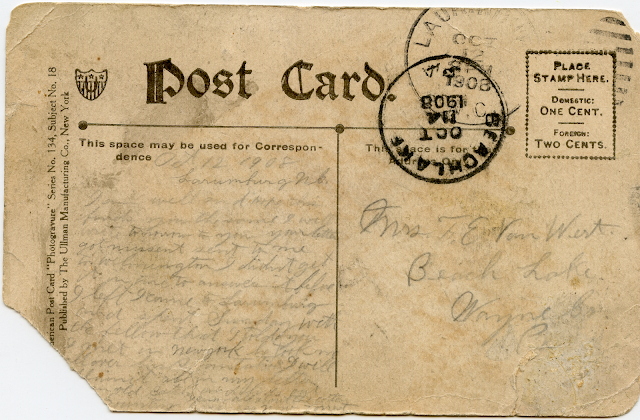 Back of postcard , bottom left corner is missing and text is faint pencil