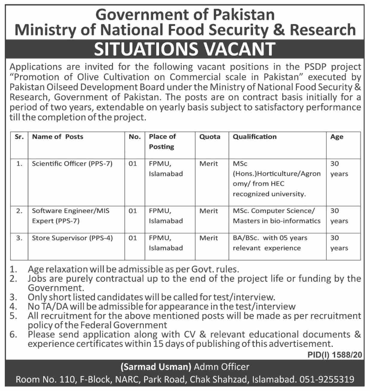 Ministry of National Food Security & Research Jobs September 2020