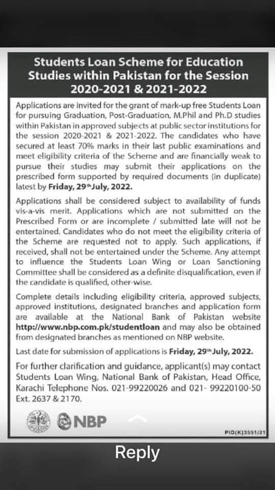 Students Loan Scheme for Education for Pakistani