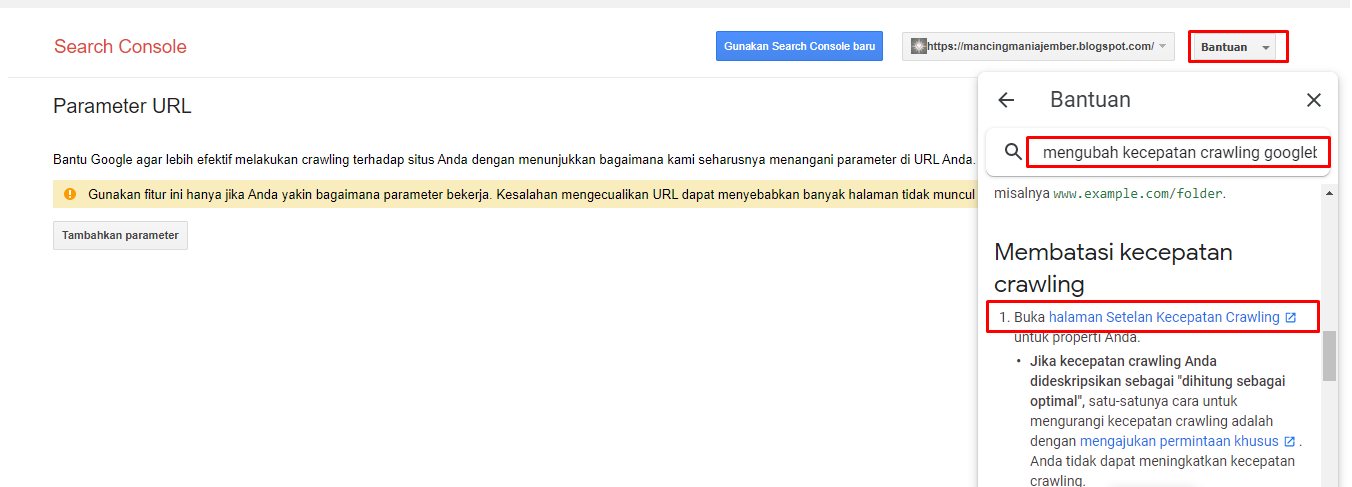 Klik bantuan lalu ketik mengubah kecepatan crawling googlebot, Tekan link Pilih nomor 1. Buka halaman kecepatan setelan crawling