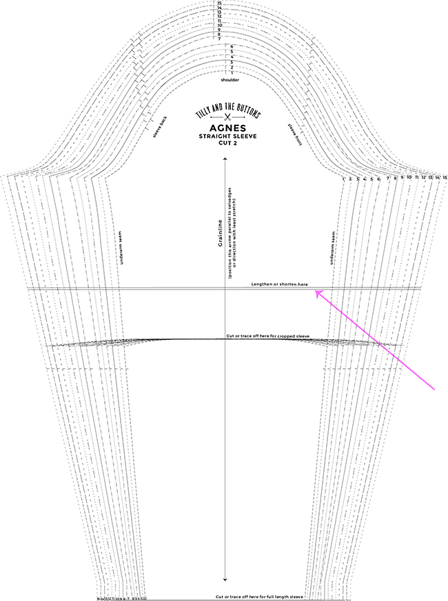 Diagram showing the lengthen and shorten line on the Agnes sleeve