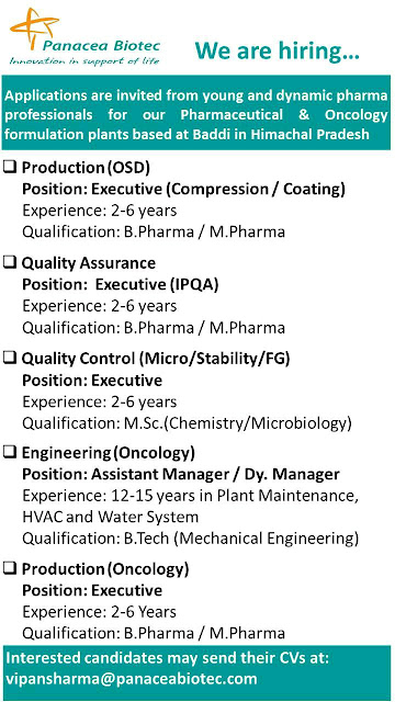 Panacea Biotec vacancies, Pharma jobs, Pharma stuff