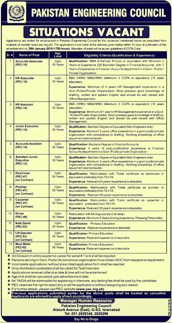 PEC New Jobs 2019 By Pakistan Engineering Council 