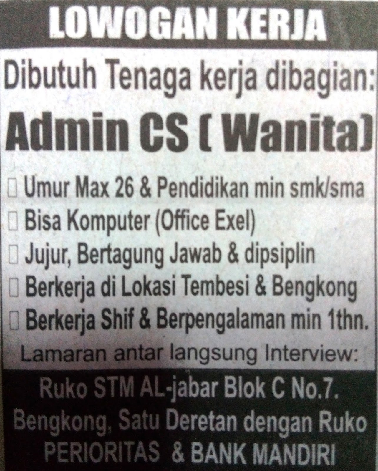 Lowongan Kerja 2015 Batam untuk Admin CS wanita