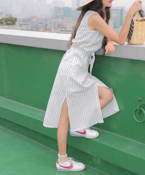 Striped Buttoned Front Sleeveless Dress