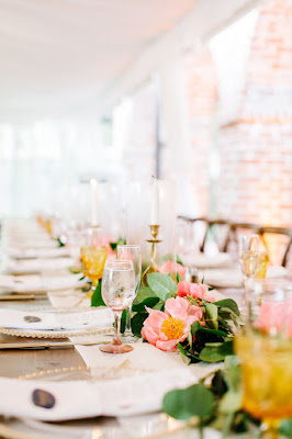 pink and yellow table florals