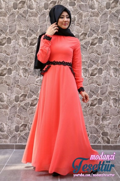Modaselvim 2017 Tesettür Abiye Elbise Modelleri - İlayda Krep Şifon Abiye Elbise OBN129-S Yavruağzı