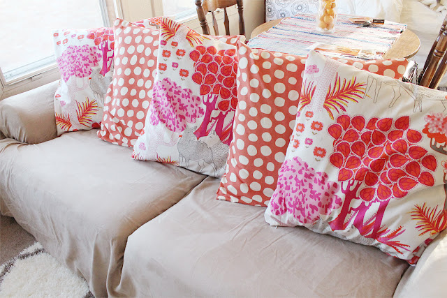 DIY, couch, makeover, home, decor, interior design, textiles, style, pillows, pink, orange