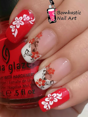 Red Flower Nail Art with Water Decals