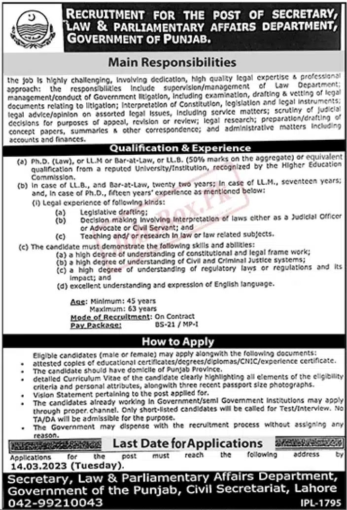 Law and Parliamentary Affairs Department Punjab Jobs 2023 - Latest Advertisement