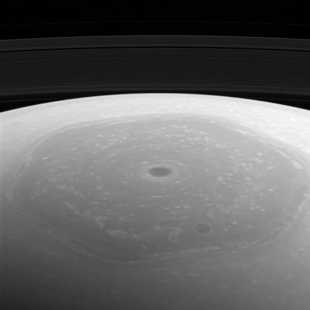 Saturn's sunlit north pole, captured by Cassini during its Grand Finale. Hexagonal jet stream visible.