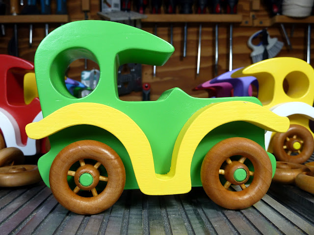 Wood Toy Car, Model-T Sedan, Handmade and Painted with Bright Green and Yellow Acrylic and Amber Shellac, Bad Bob's Custom Motors Collection