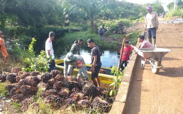 Serda Budi Harsono Membantu Masyarakat Bongkar Muat Sawit di Lokasi TMMD Ke-111 Kodim 1207/Pontianak