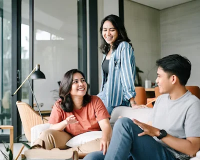 Gambar wanita dan pria sedang bercerita ngobrol santai