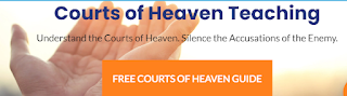 Free Courts of Heaven Teaching Guide Screeenshot shows hands with palms up in a pleading gesture. Superimposed on blue font are the following words: Courts of Heaven Teaching below this in black smaller font is:Understand the Courts of Heaven. Silence the Accusations of the Enemy. An orange button is is the center of the bottom of the page qith the words :Free Courts of HEaven Guide