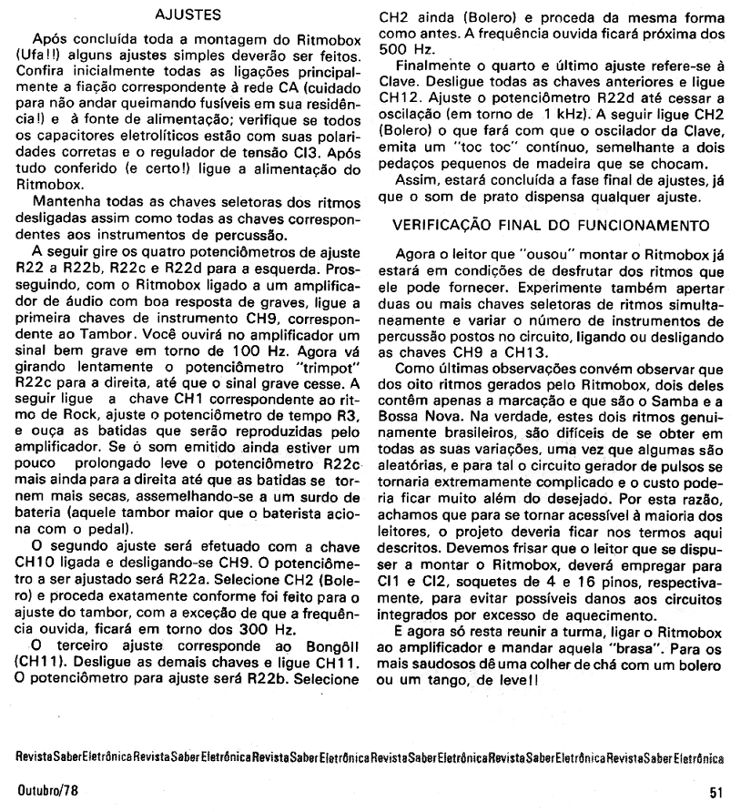 SABER ELETRÔNICA Vol.74 RITMO BOX - gerador de ritmo 11-1978     SÍNTESE SONORA & ELETRÔNICA ARTESANAL