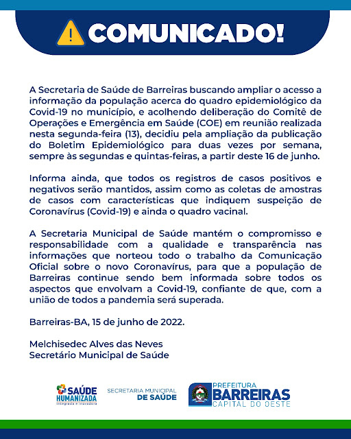 Prefeitura de Barreiras amplia a publicação de boletim epidemiológico da Covid 19