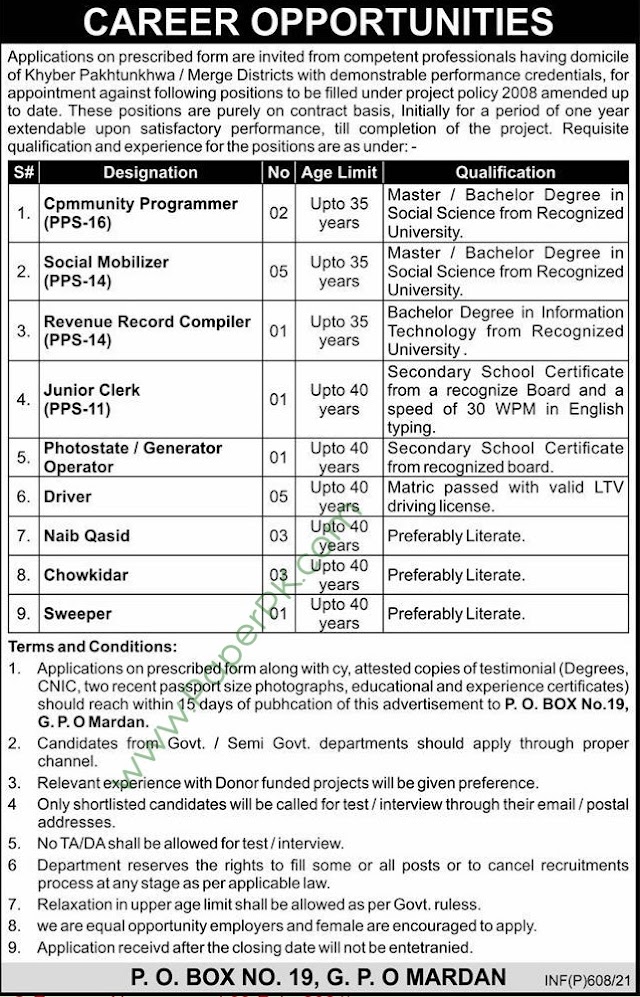  Khyber Pakhtunkhwa Government jobs in Mardan 2021 for the post of Junior Clerk