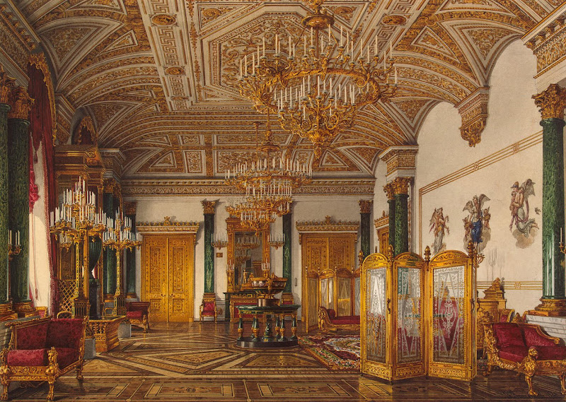 Interiors of the Winter Palace. The Malachite Room by Konstantin Andreyevich Ukhtomsky - Architecture, Interiors Drawings from Hermitage Museum