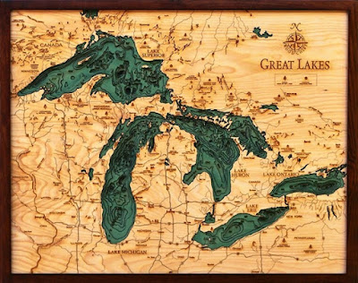 Topographical Wood Map Of The Great Lakes. Laser Cut.