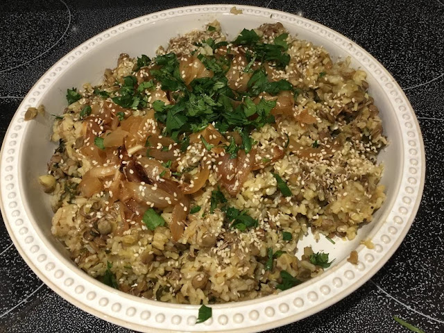mujadara, rice, lentils, onions