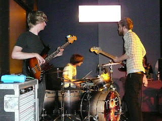 Mae's Mark Padgett (bass), Jacob Marshall (drums), and Zach Gehring (guitar) play at Northeastern University, November 2008.